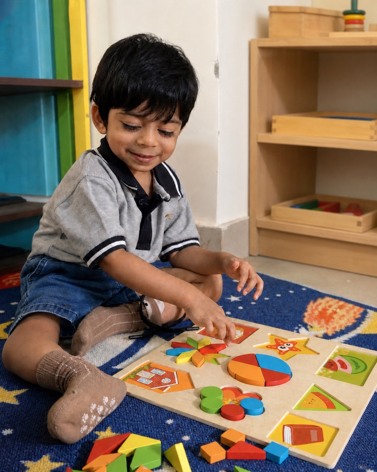 Arka child exploring colourful geometric pieces