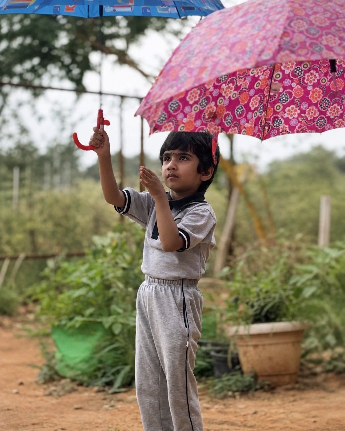 Arka child reaching into the rain outdoors