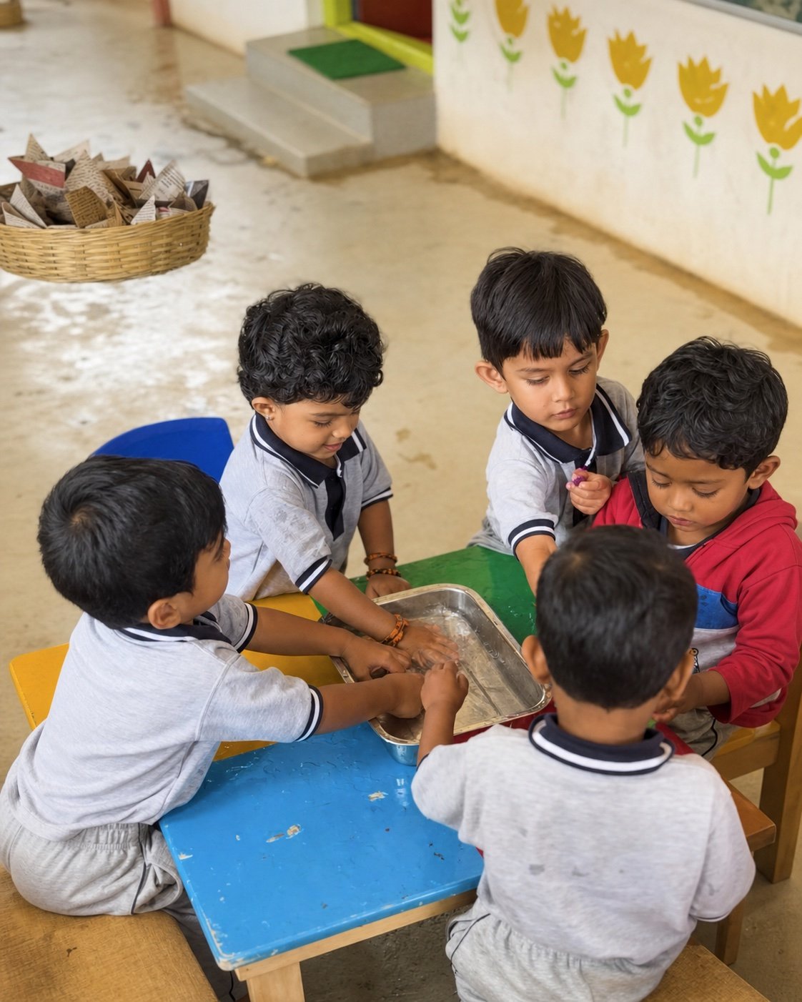 Children gathered around a shared water activity