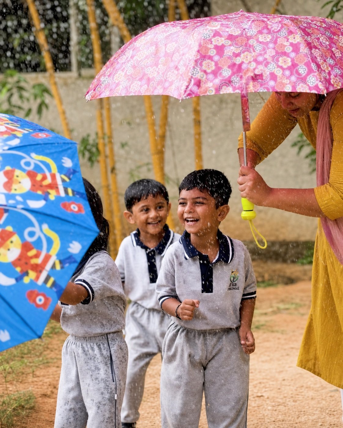 Children sharing the joy of rain with an educator