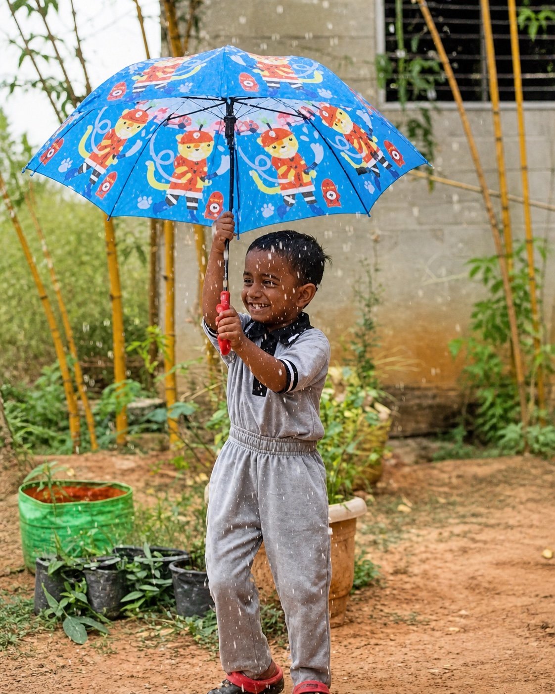Arka child watering the garden beneath an umbrella