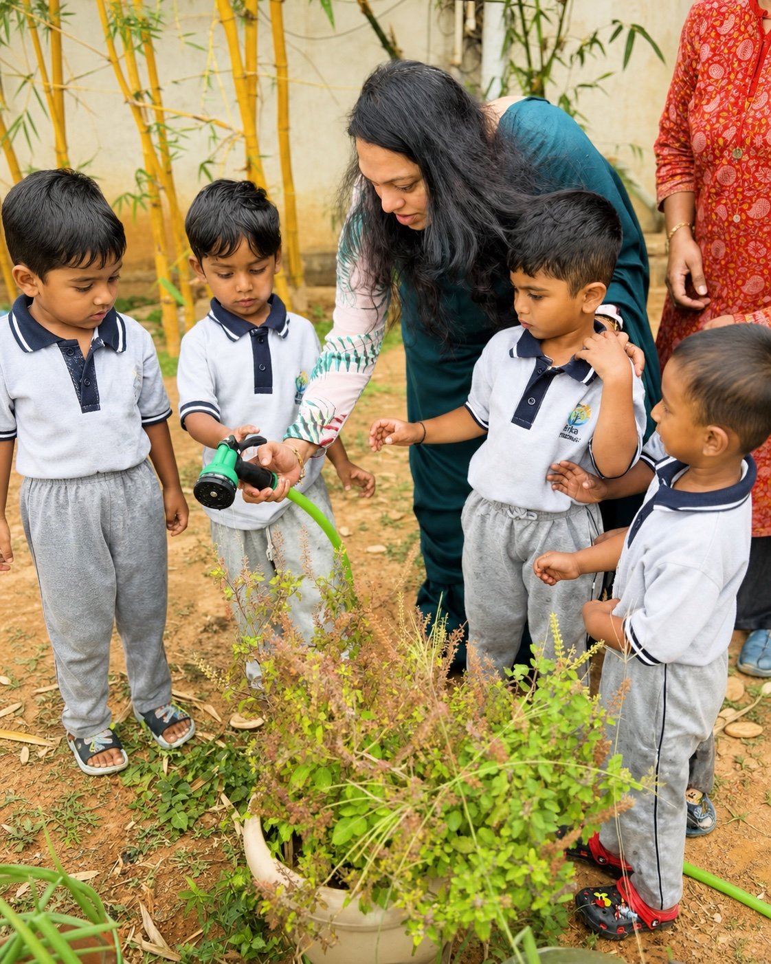Educator helping children care for garden plants