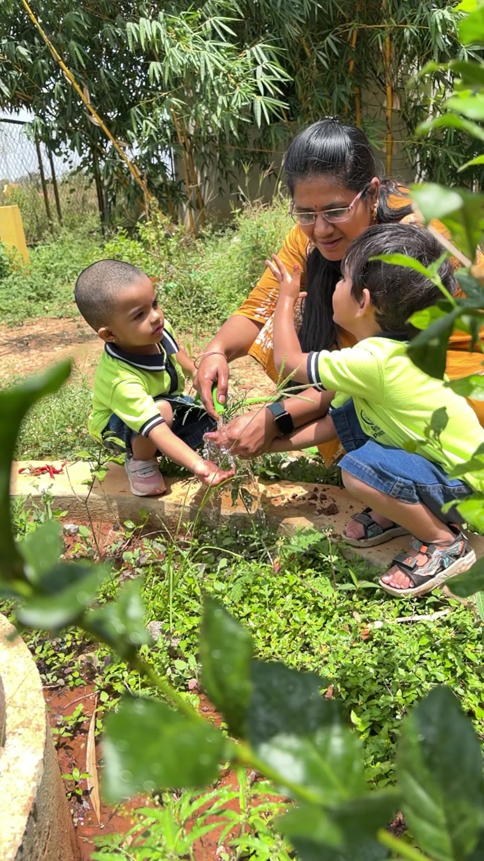 Children and an educator noticing a garden plant together