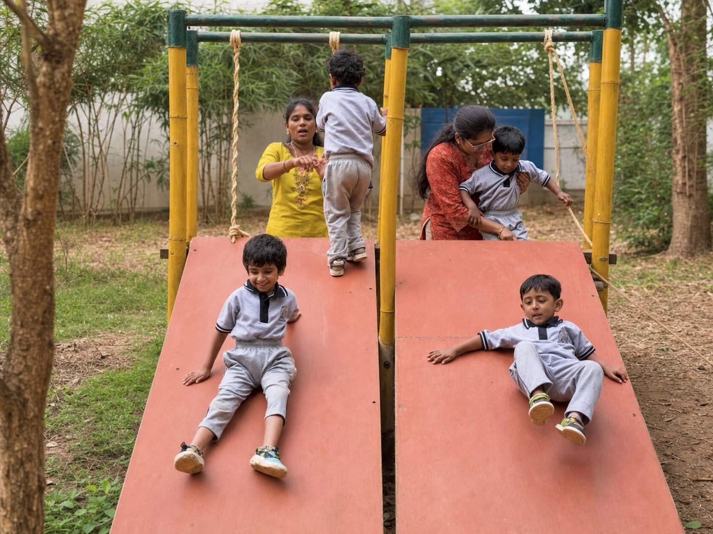 Arka children climbing and sliding outdoors with educators nearby