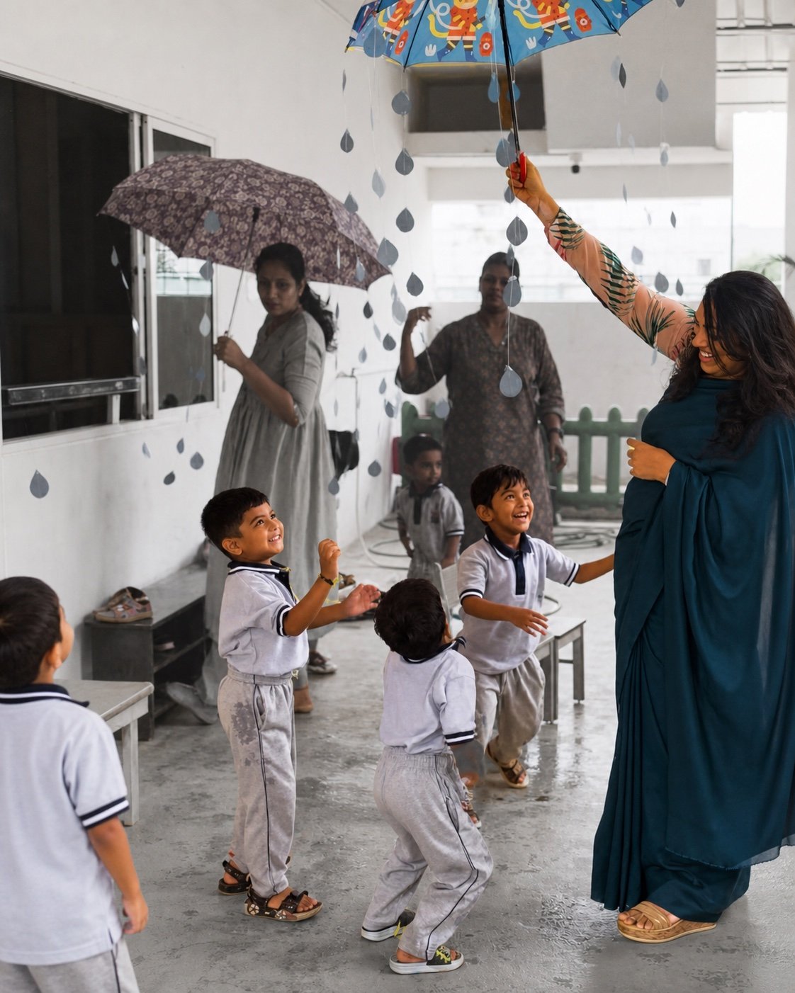 Children and educator exploring falling rain