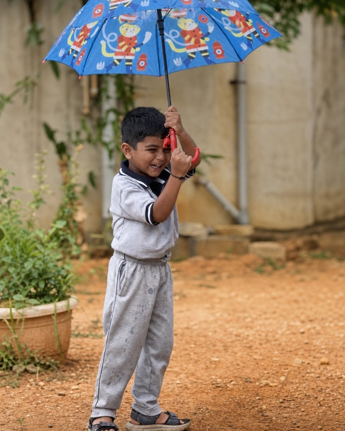 Arka child smiling beneath a blue umbrella