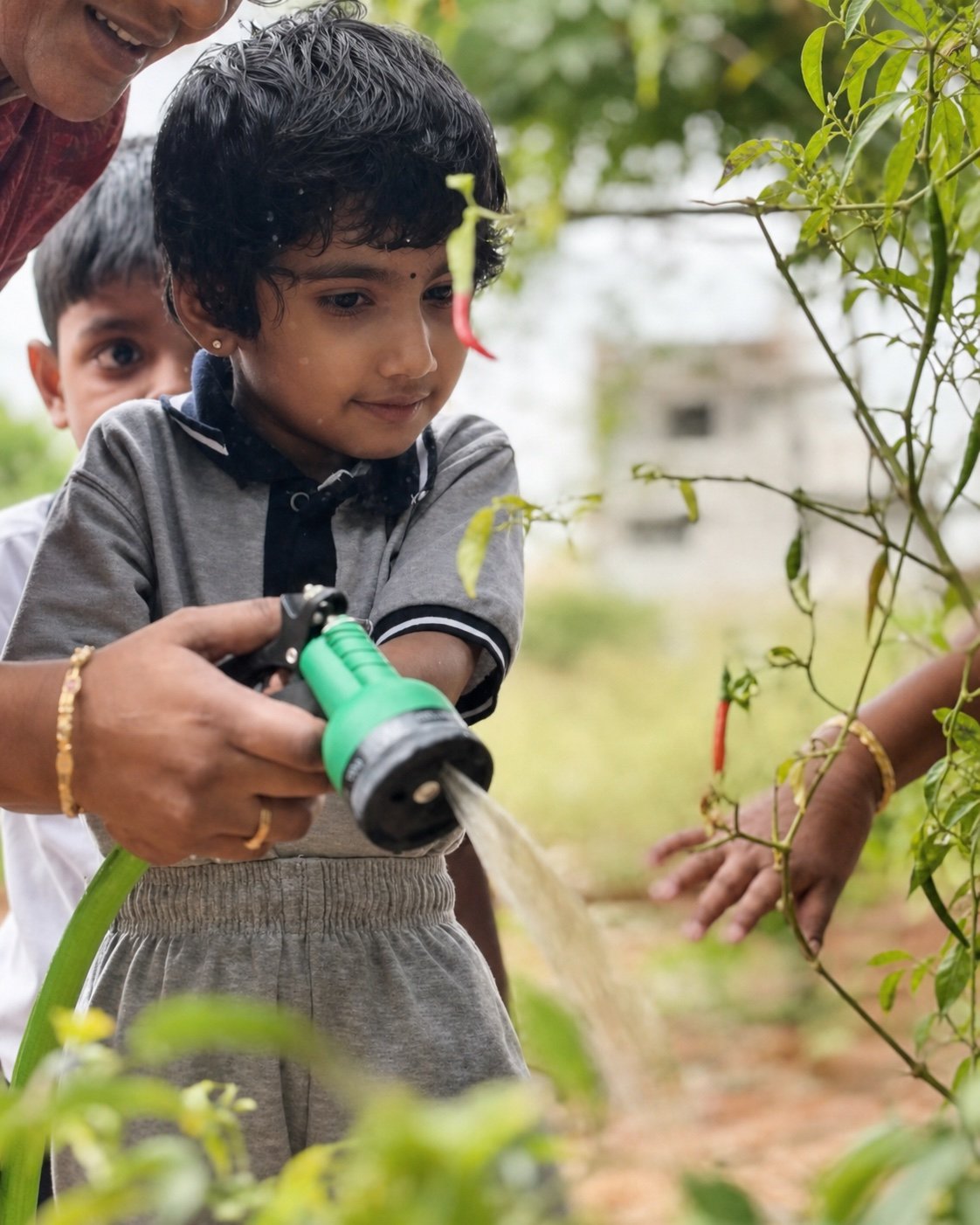 Arka child learning to use a garden spray nozzle